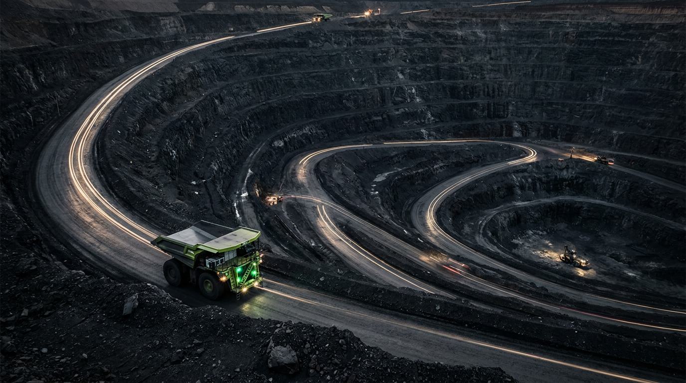 Long-exposure headlight trails tracing the switchbacks of a terraced open-pit mine at night