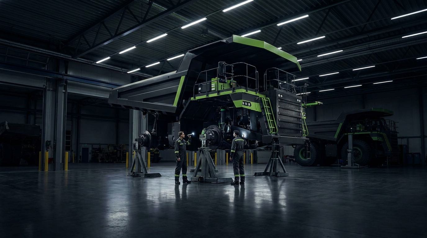 ETF service workshop at night: a hauler on heavy-duty stands under strip lighting
